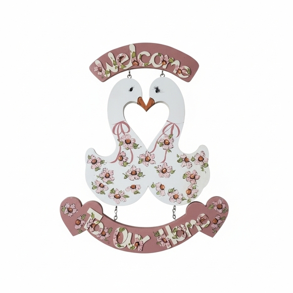 Handmade Other - Floral Swan Wooden Wall Sign Pink Hues Hand Painted